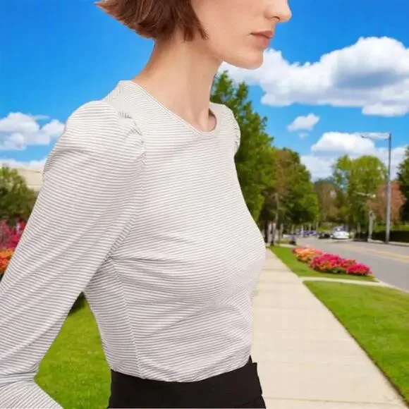 (60% OFF) NWT Rebecca Taylor Lont-Sleeve Ruched Striped Tee Shirt M MSRP $125 - Picture 3 of 8